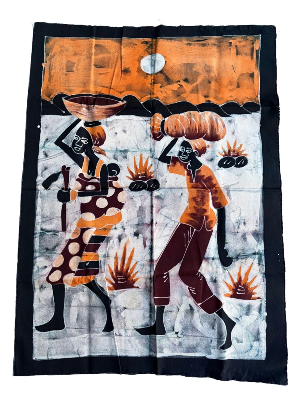 Hand-Crafted African Batik A Couple From The Farm Scene Wall Tapestry